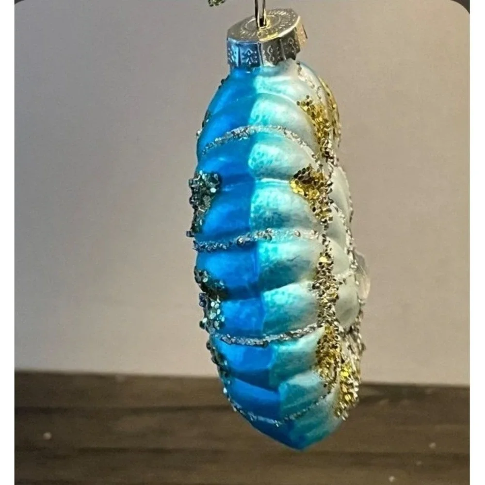 Glass Seashell Christmas Ornament Turquoise Blue Gold Glitter Jeweled 3.5